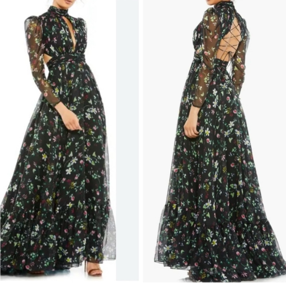 Mac Duggal Pink and Black Plunge Bishop Sleeve Gown